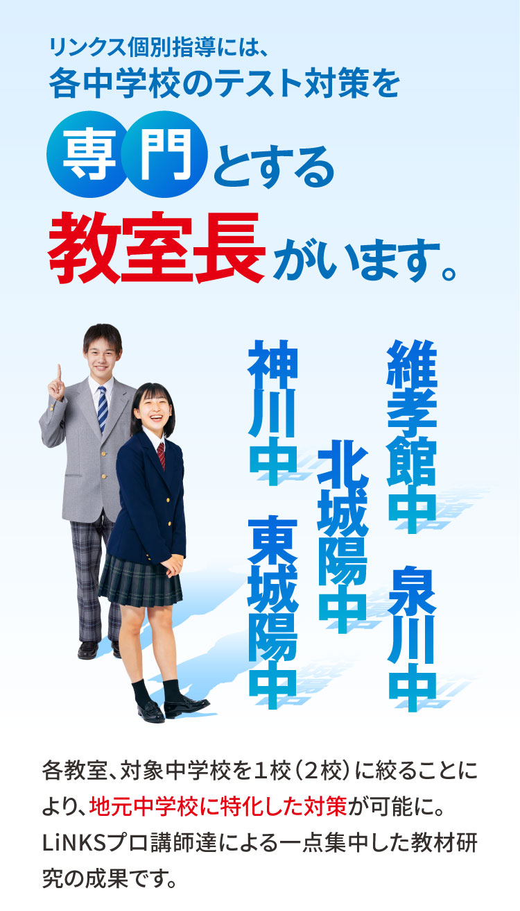 神川中 維考館中 東城陽中 北城陽中 泉川中 リンクス個別指導には、各中学校のテスト対策を専門とする教室長がいます。